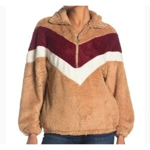 Forgotten Grace Half Zip Chevron Pullover Faux Fur Jacket Beige Size S NWOT